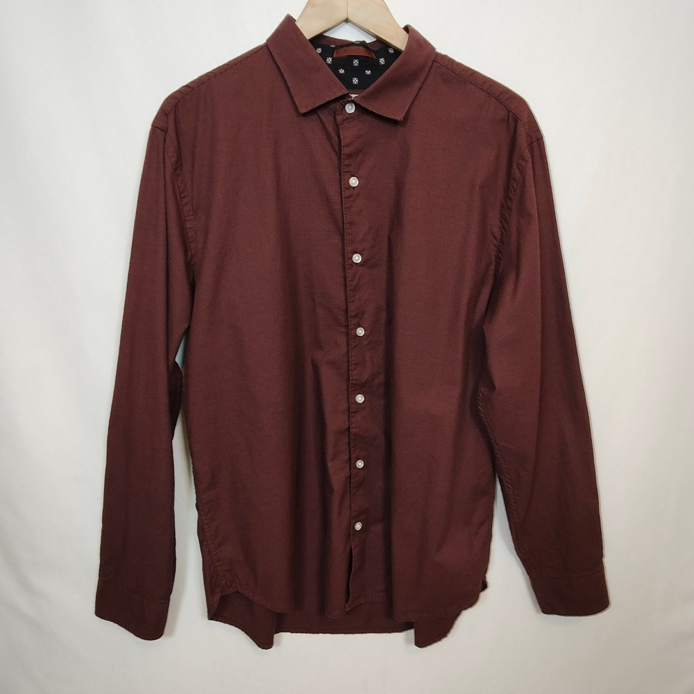 Ted Baker Button Up Shirt Men's XL Burgundy Micro Houndstooth Cotton